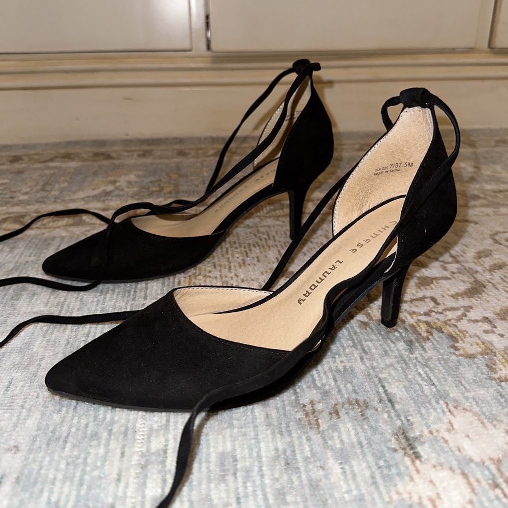 Chinese Laundry black suede ankle tie up heels - Picture 2 of 5